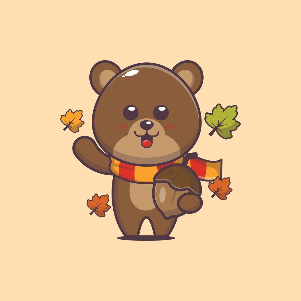 lindo oso mascota ilustración de dibujos animados en otoño. vector