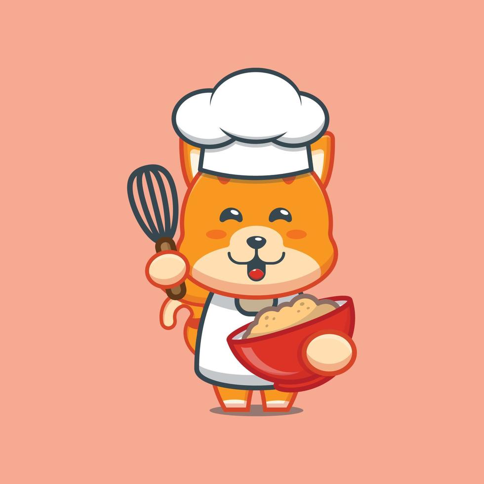 lindo gato chef mascota personaje de dibujos animados con masa de pastel vector