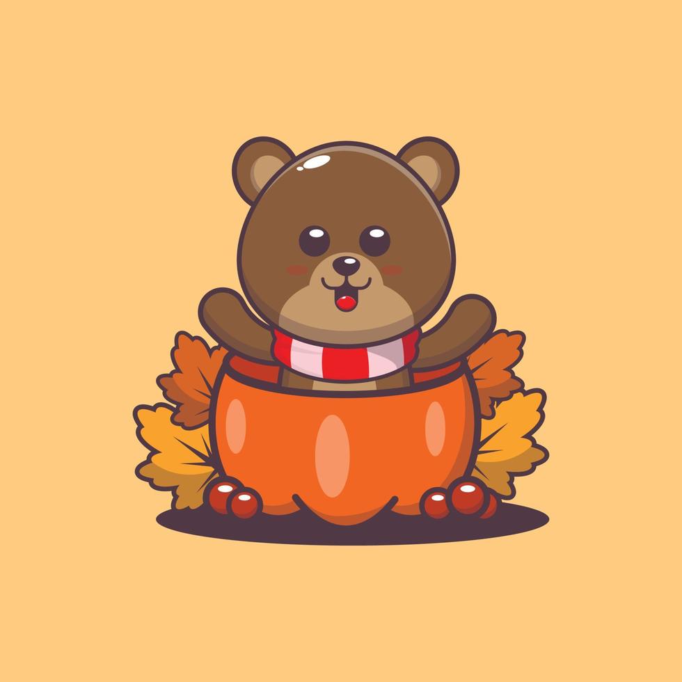 lindo oso mascota ilustración de dibujos animados en otoño. vector