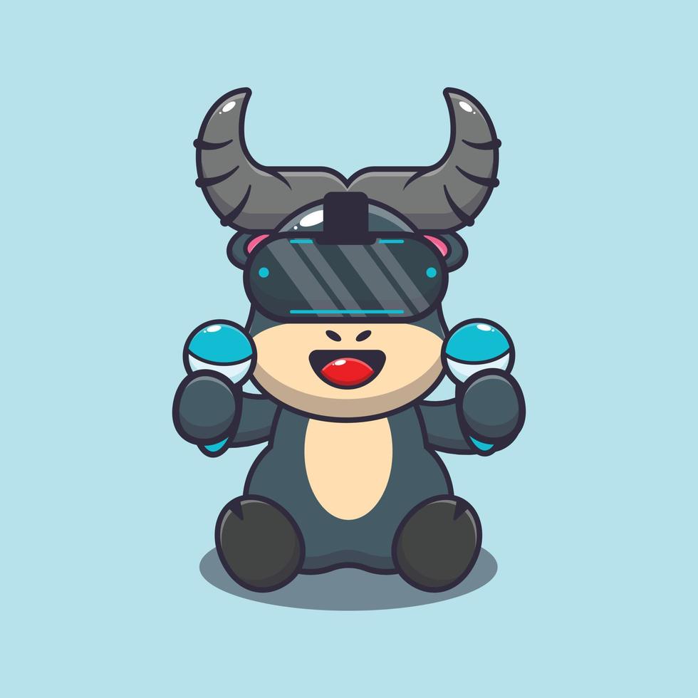 Cute buffalo mascot cartoon illustration playing virtual reality vector