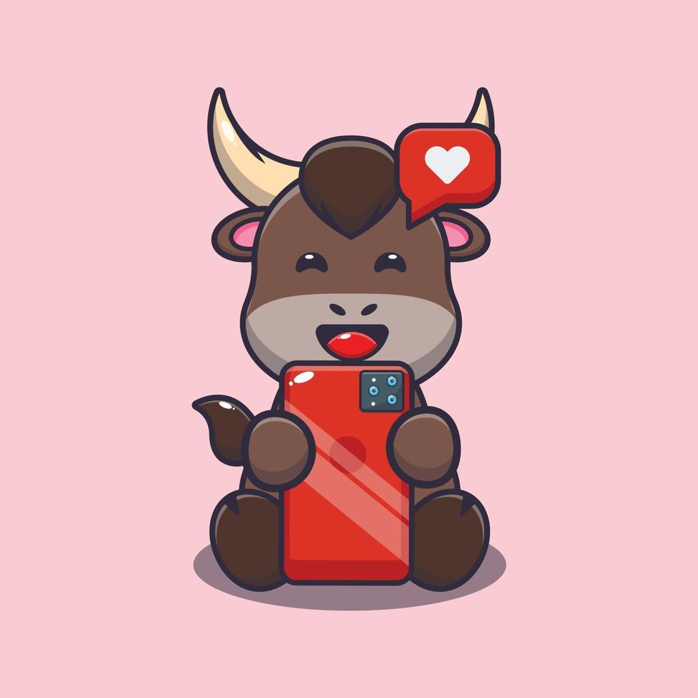 Cute bull mascot cartoon illustration with phone vector