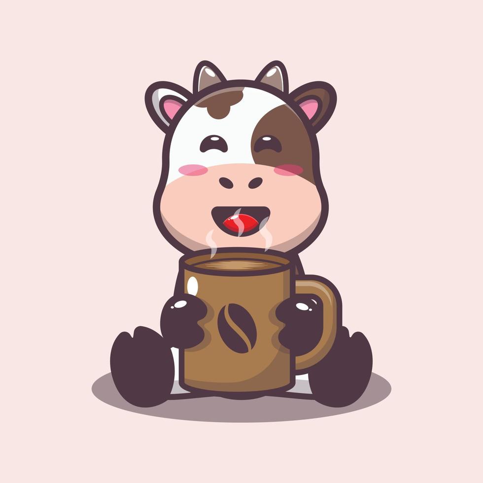 ilustración de dibujos animados de mascota de vaca linda con café caliente vector