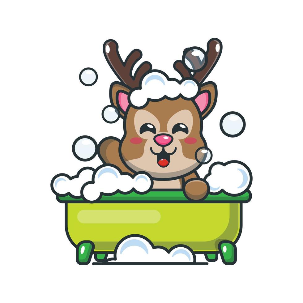 Cute deer taking bubble bath in bathtub cartoon vector illustration