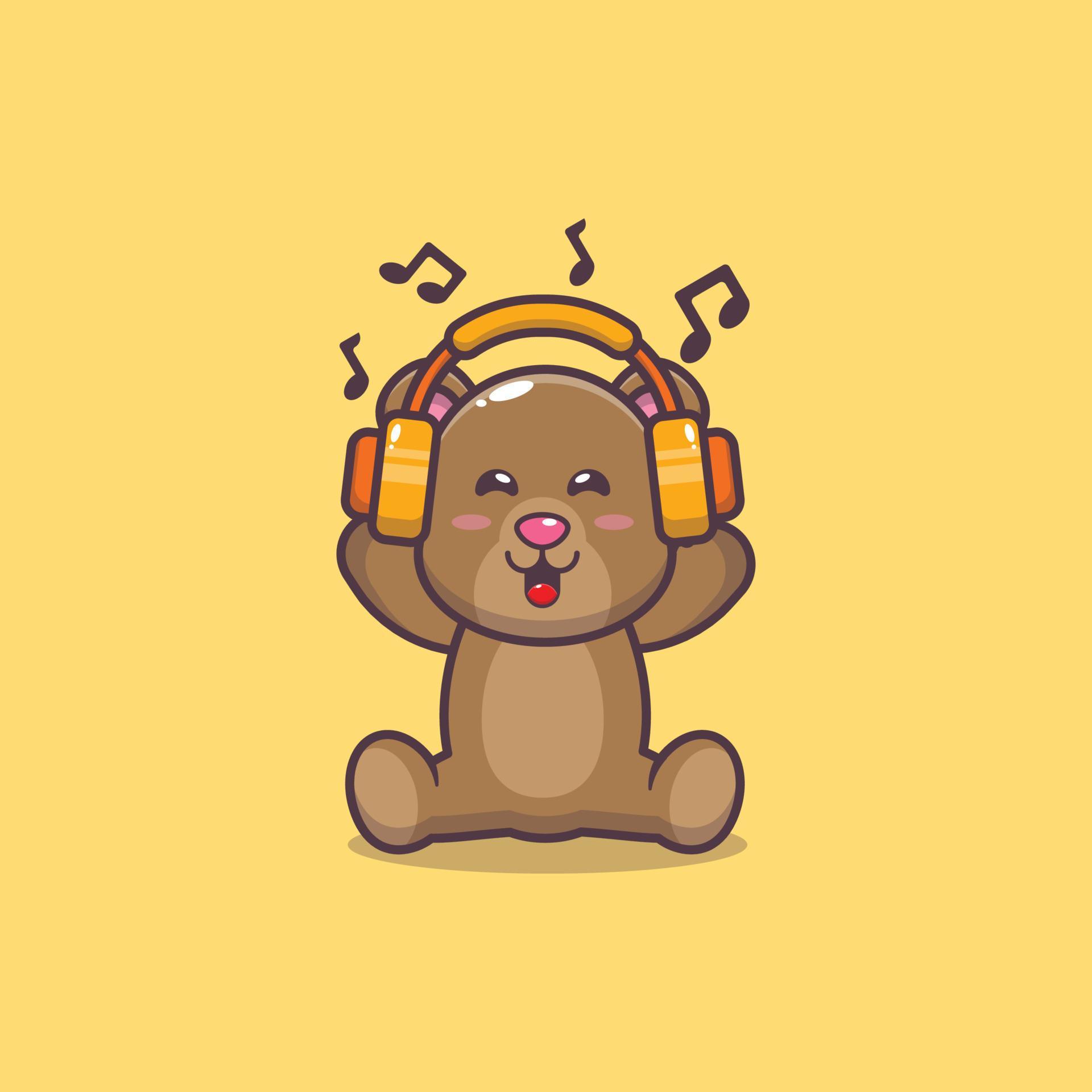 Cute bear mascot cartoon illustration listening music with