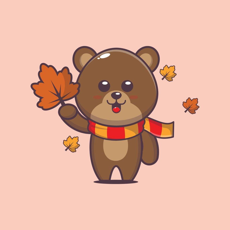 cute bear mascot cartoon illustration in autumn. vector