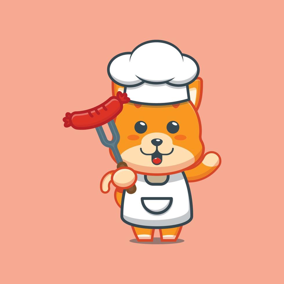 cute cat chef mascot cartoon character with sausage vector