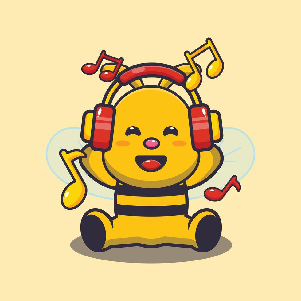 Cute bee mascot cartoon illustration listening music with headphone vector