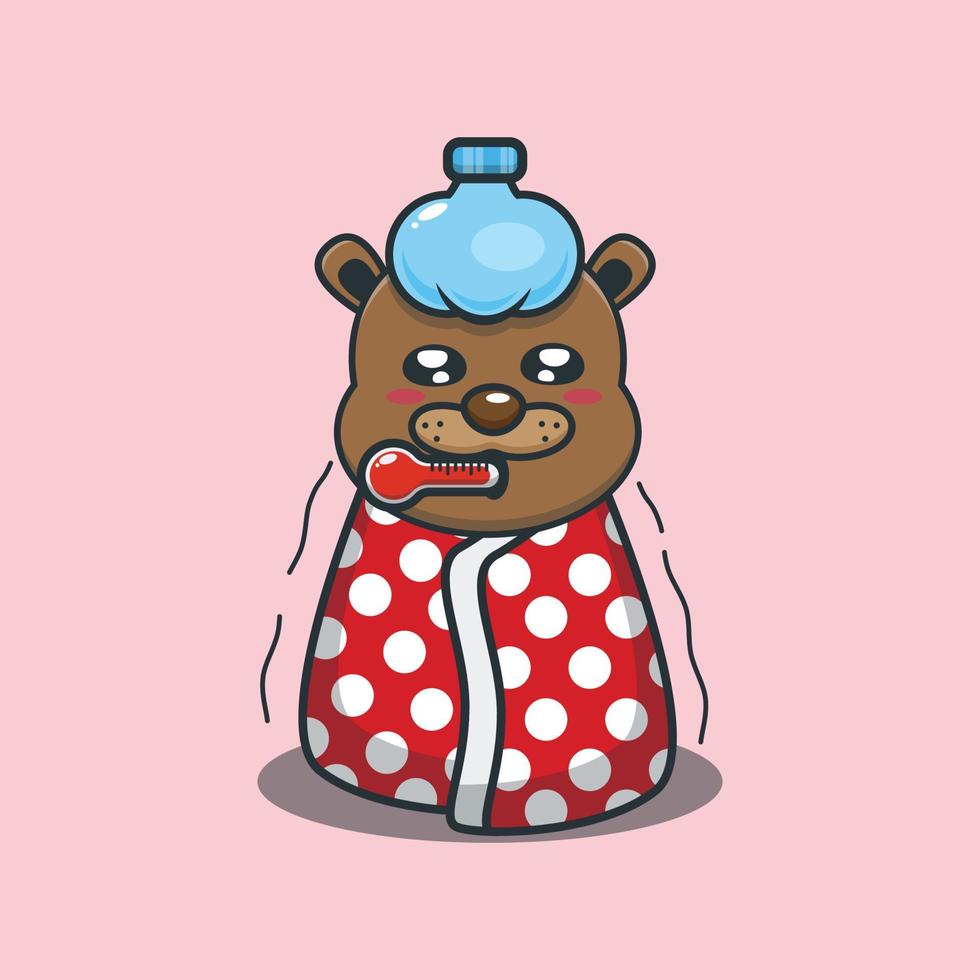 Cute beaver sick mascot cartoon illustration vector