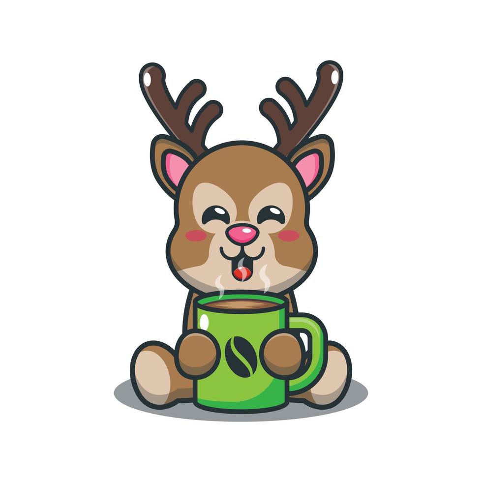 Cute deer with hot coffee cartoon vector illustration