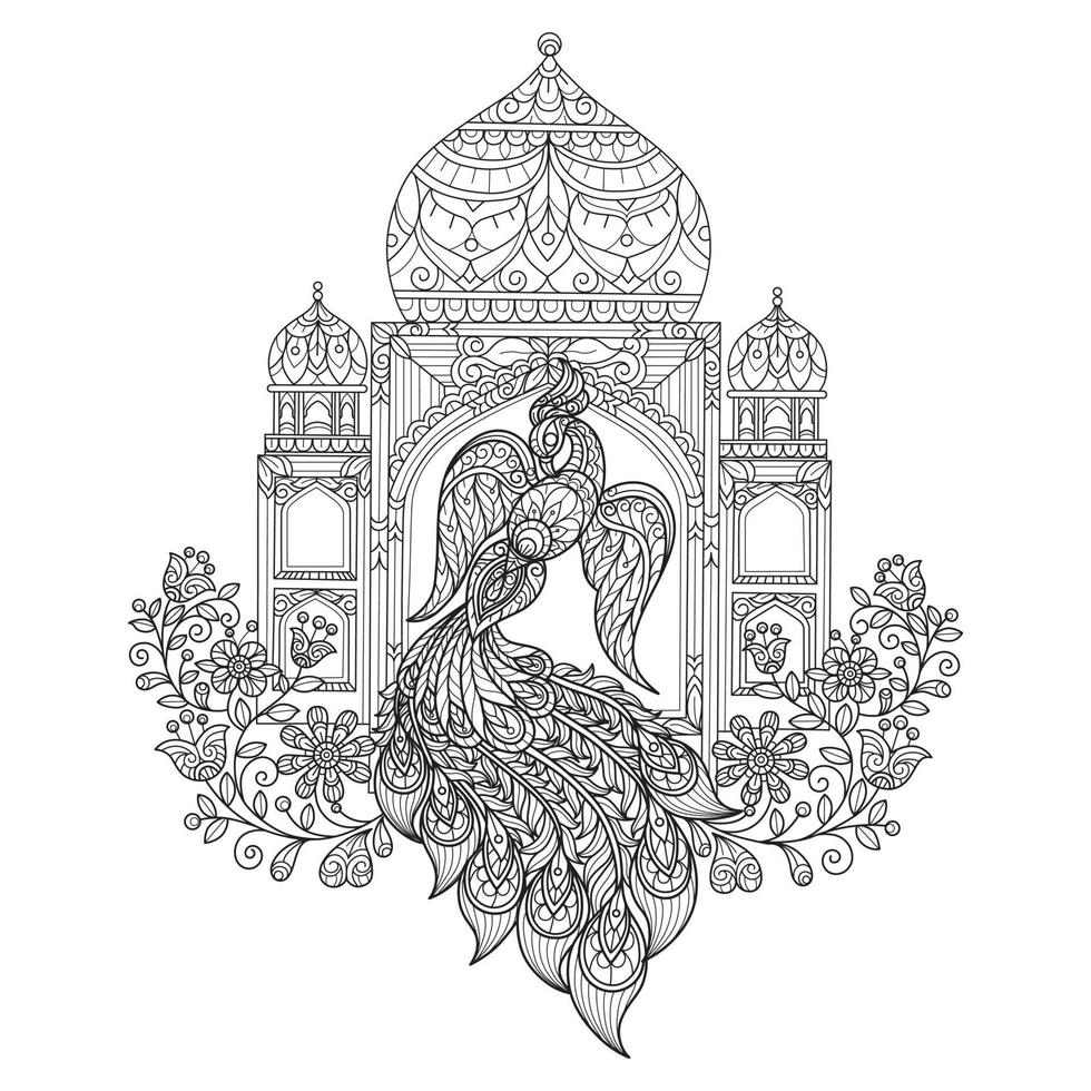 Peacock and castle hand drawn for adult coloring book vector