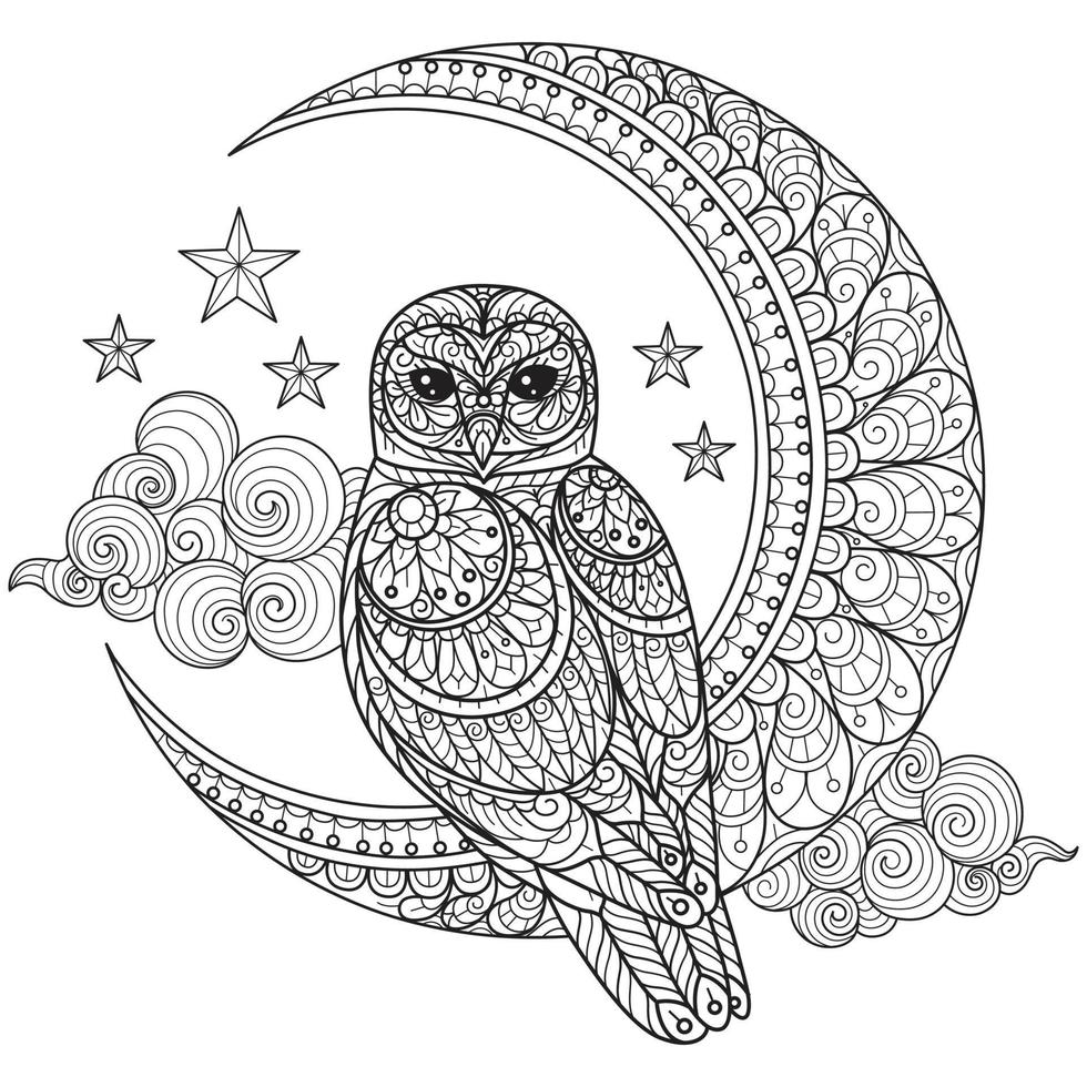 Owl and moon hand drawn for adult coloring book vector