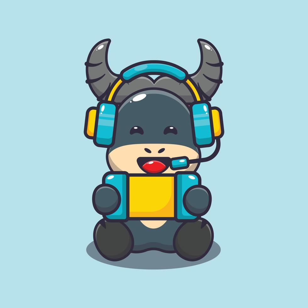 Cute buffalo mascot cartoon illustration playing game vector