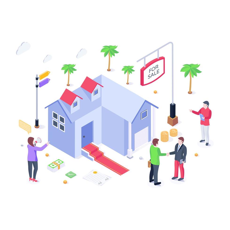 A sale house isometric vector, persons, house dealership vector