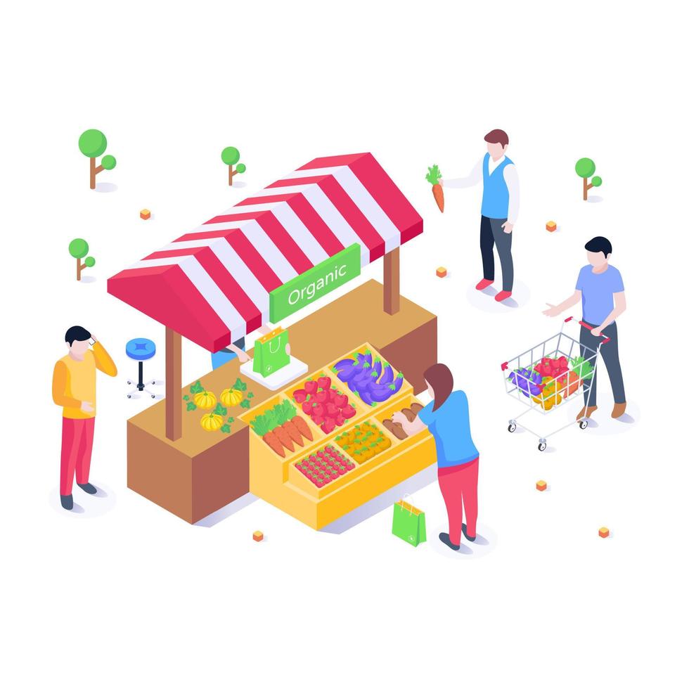 Outdoor stall of food, organic market isometric illustration vector