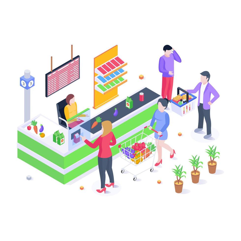 A fresh food market selling fruits and vegetables, isometric illustration vector