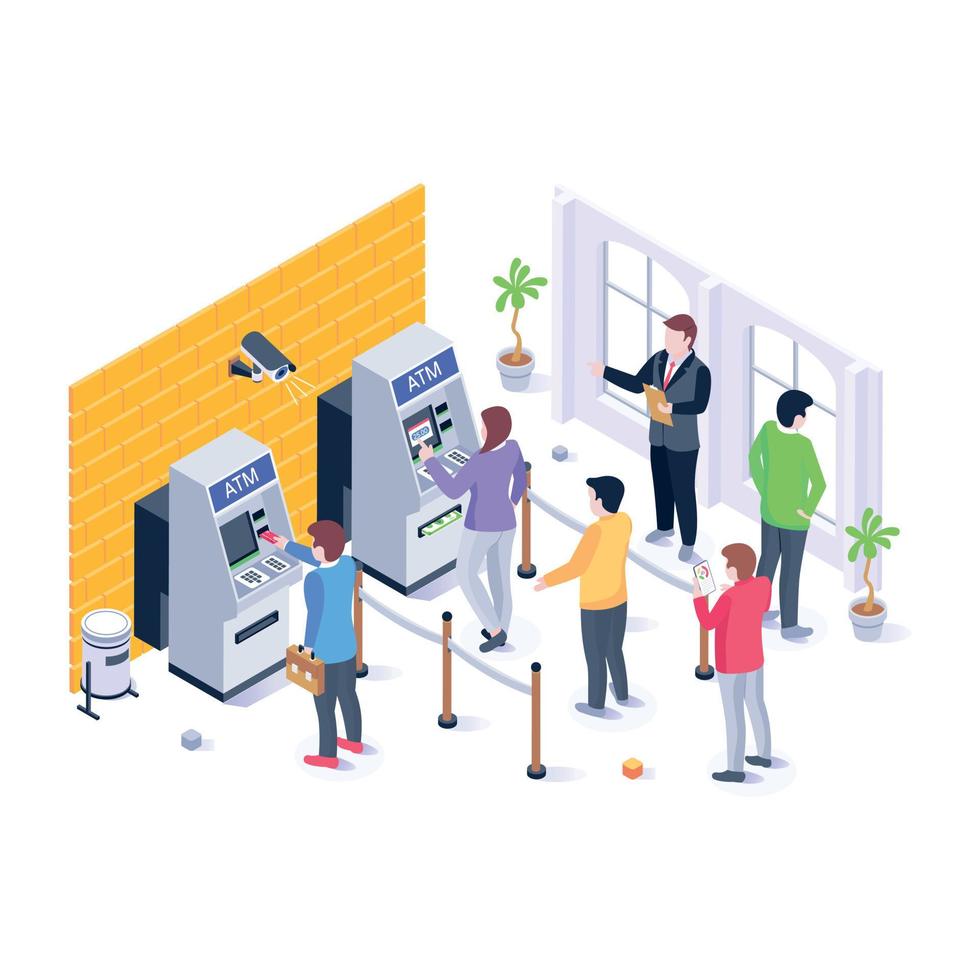 Persons with cash machines, isometric illustration of cash withdrawal vector