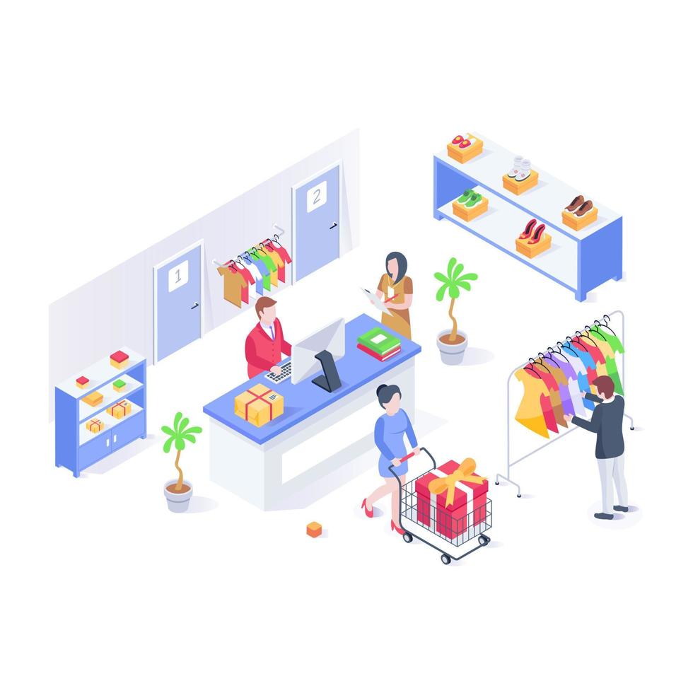 Download an isometric illustration of shopping counter vector