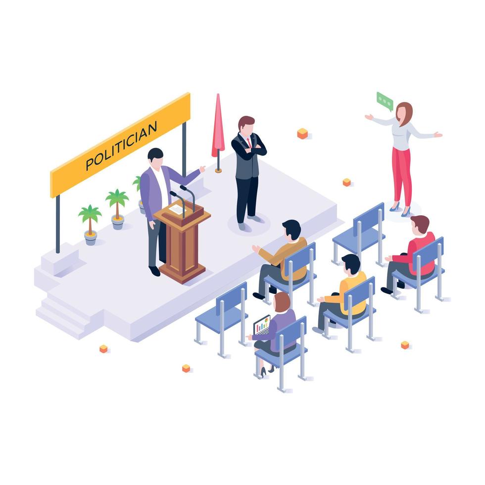 Person talking with people, isometric illustration of politician vector