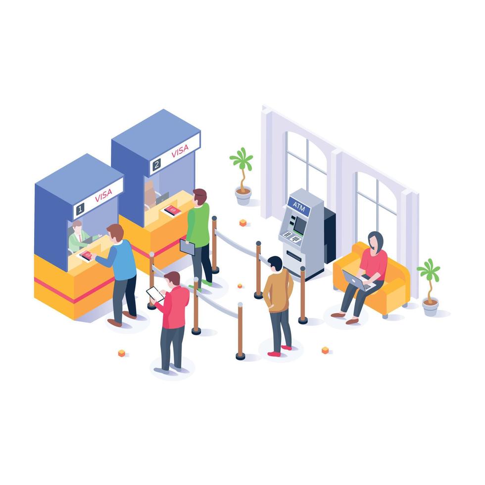 Persons with cash machines, isometric illustration of cash withdrawal vector