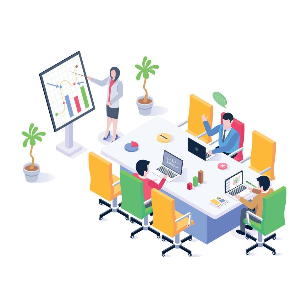 Persons working together, isometric illustration of company office vector