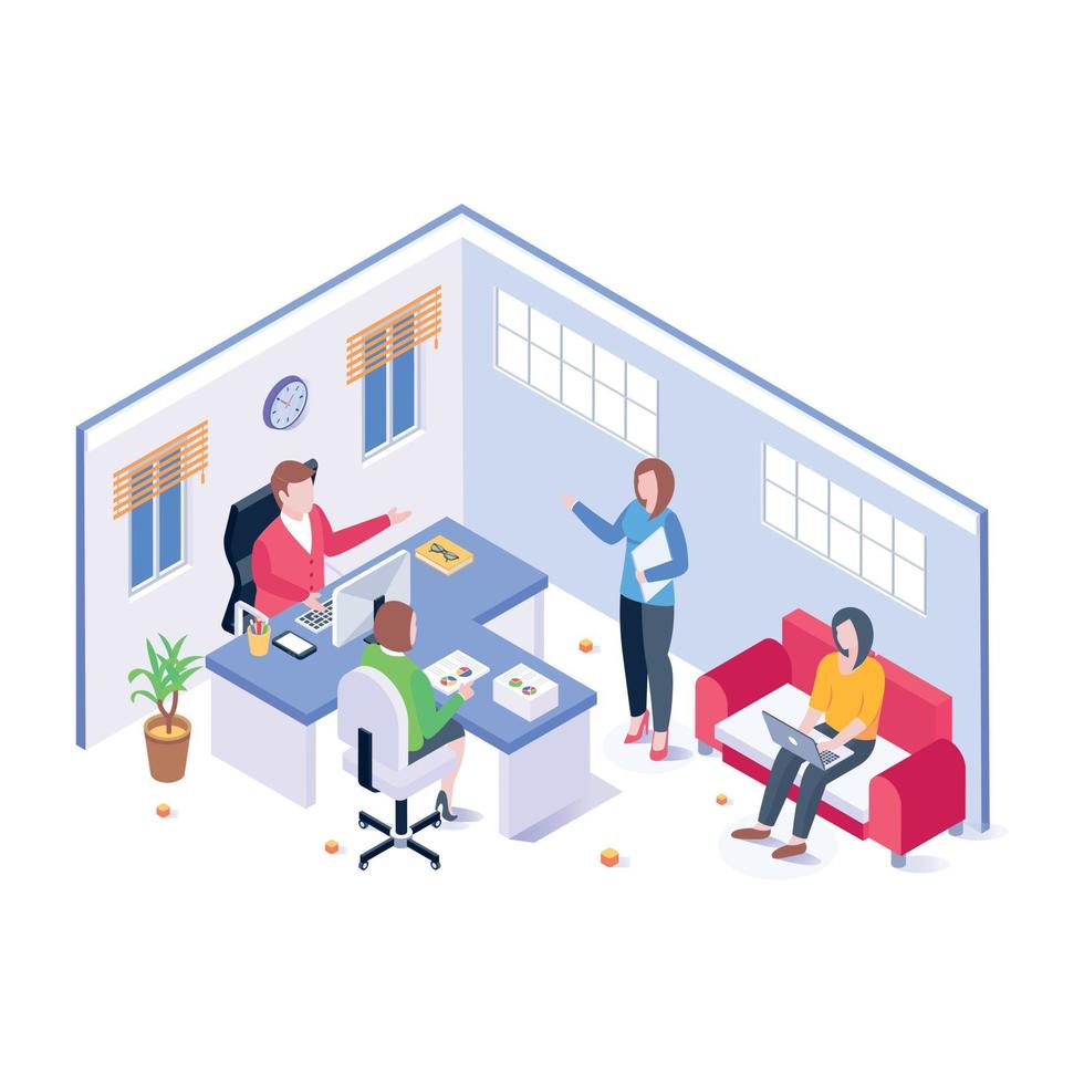 Persons working together, isometric illustration of company office vector