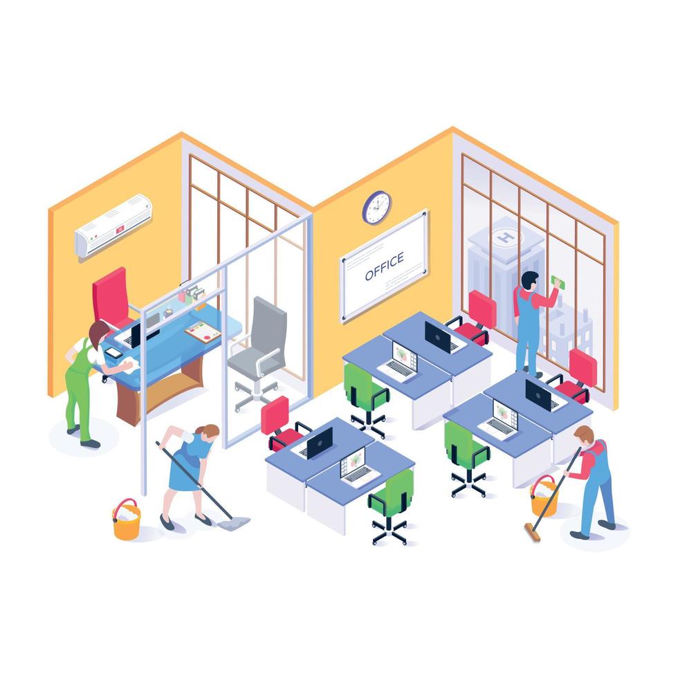 Persons working together, isometric illustration of company office vector