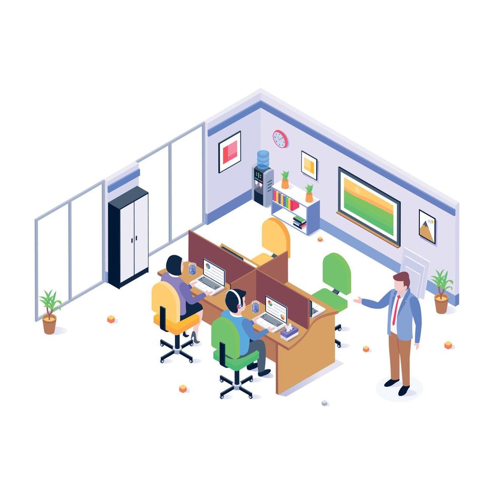 personas trabajando juntas, ilustración isométrica de la oficina de la empresa vector