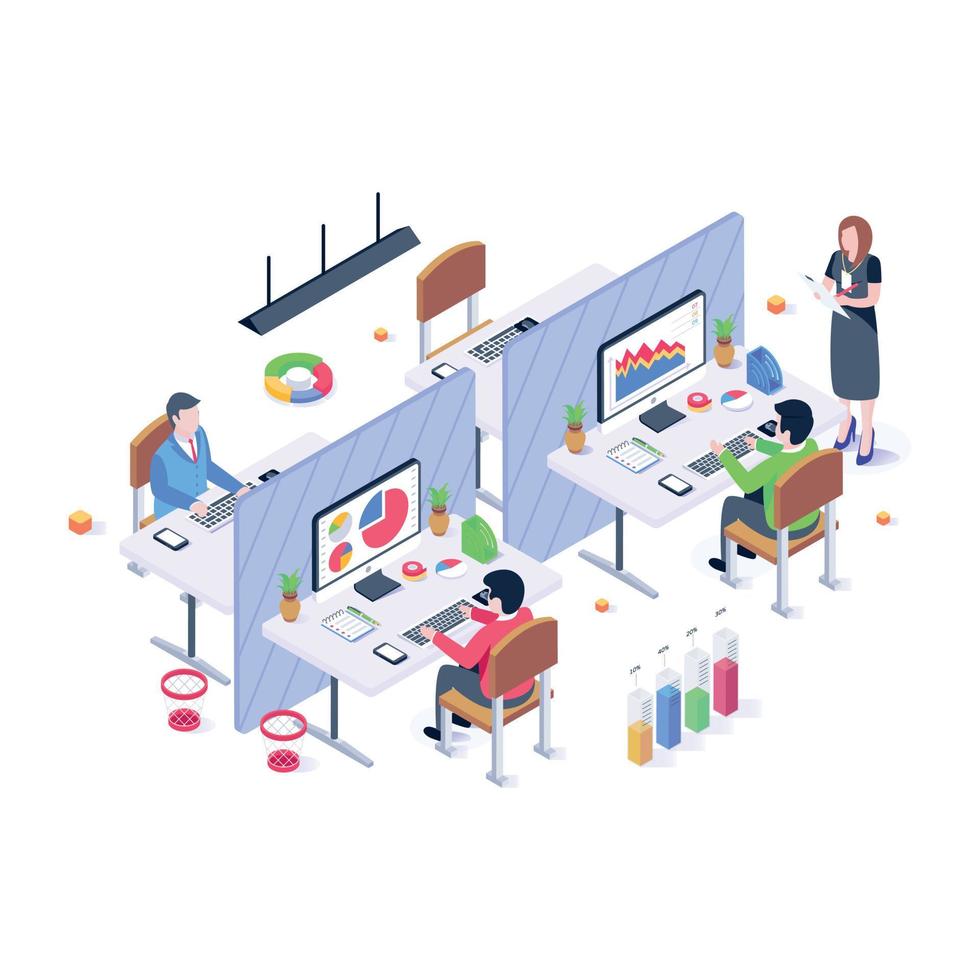 Persons working together, isometric illustration of company office vector