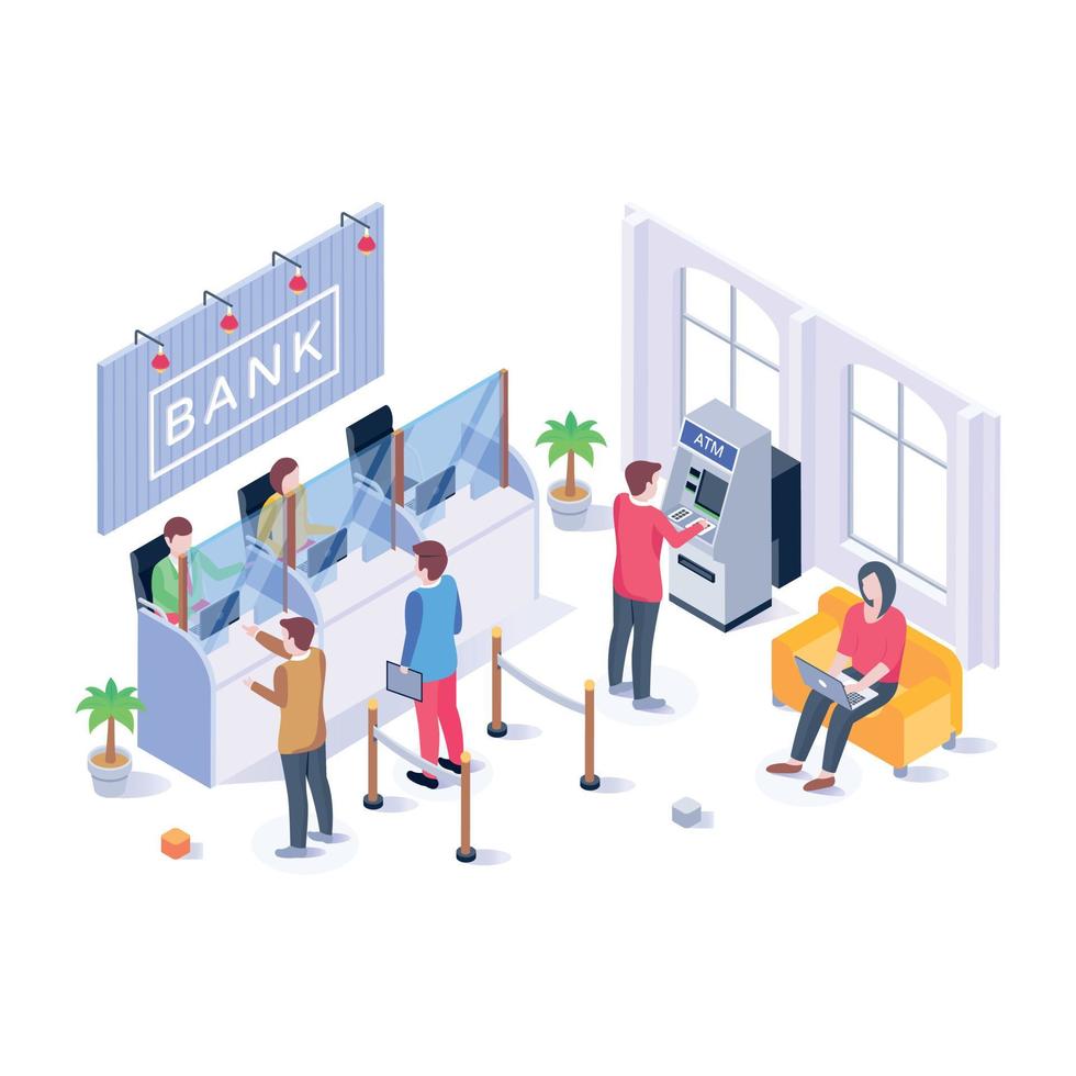 Persons working together, isometric illustration of company office vector