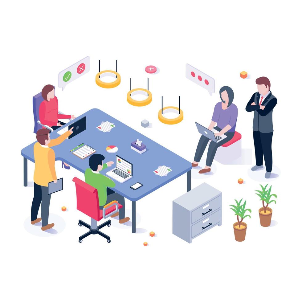Persons working together, isometric illustration of company office vector