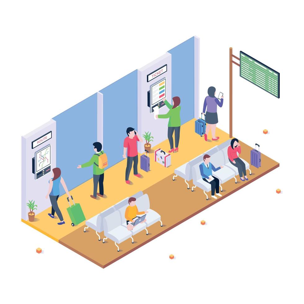 Online ticket purchase at waiting hall, isometric illustration of ticket station vector