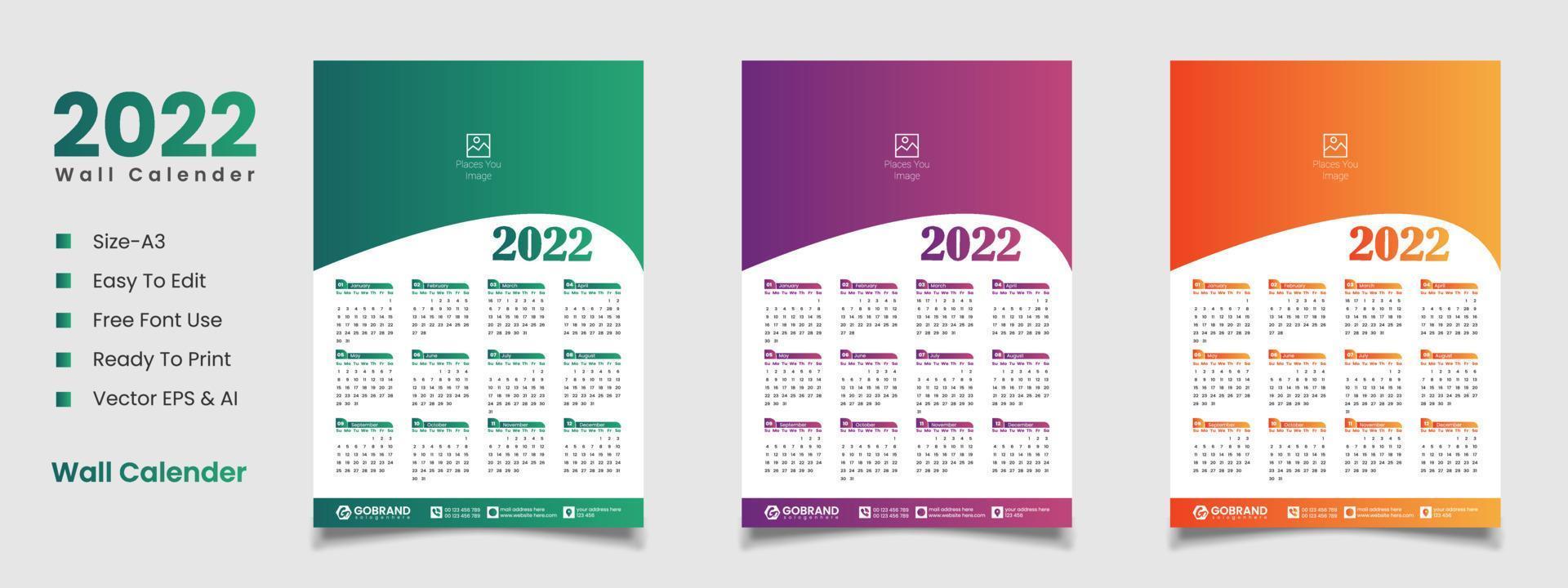 2022 wall calendar template design vector