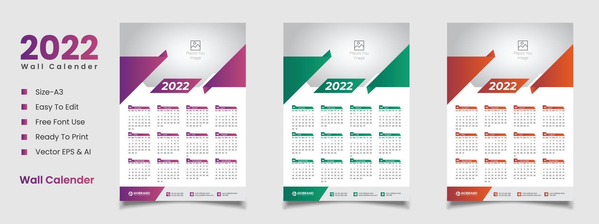 2022 wall calendar design vector