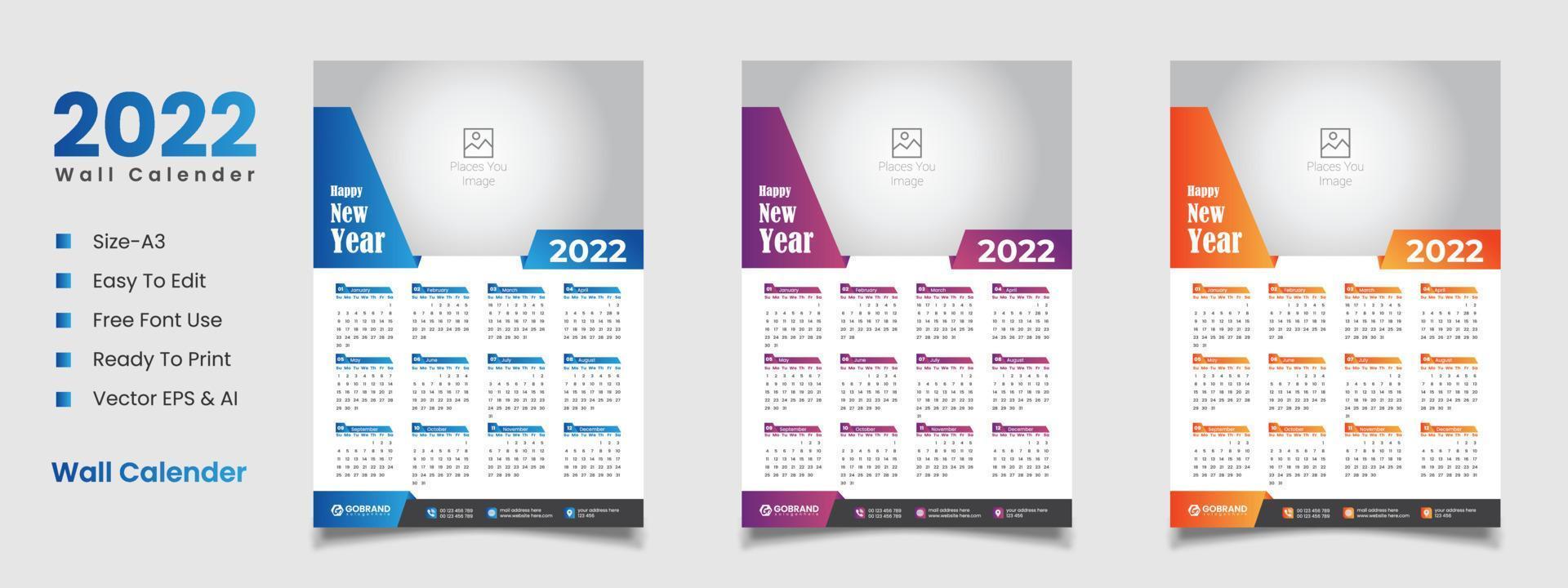2022 wall calendar design vector