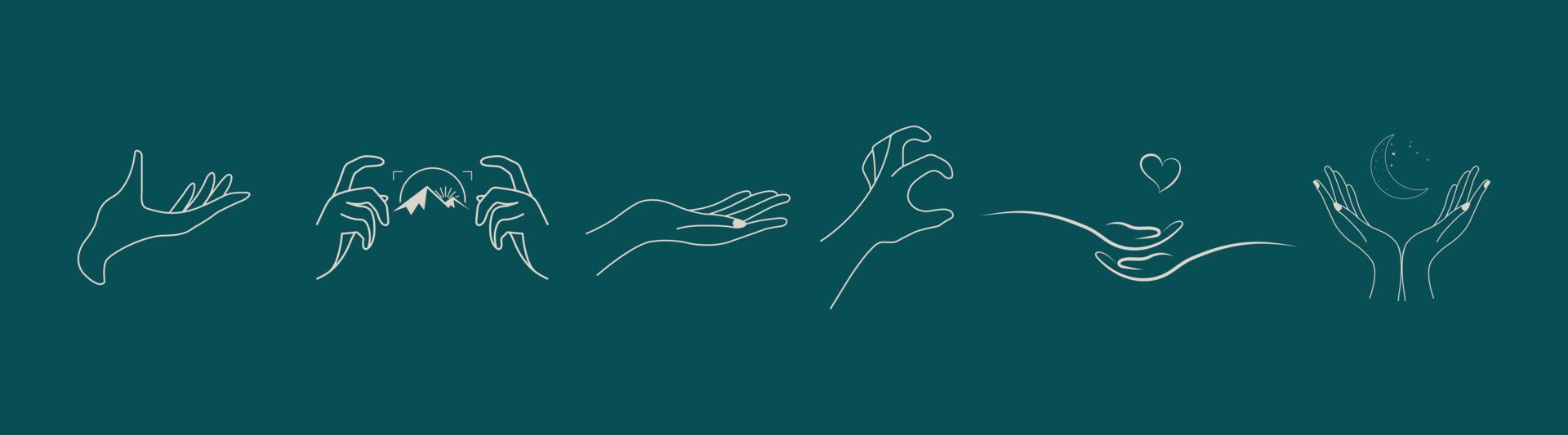 A set of Woman's hand icon collections in a minimal linear style. Vector logo design Templates with different hand gestures, Crystal. For cosmetics, beauty, tattoo, Spa, feminine, jewelry store.