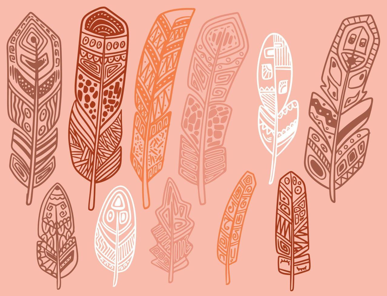 Hand drawn bohemian, tribal, ethnic set of feathers. vector