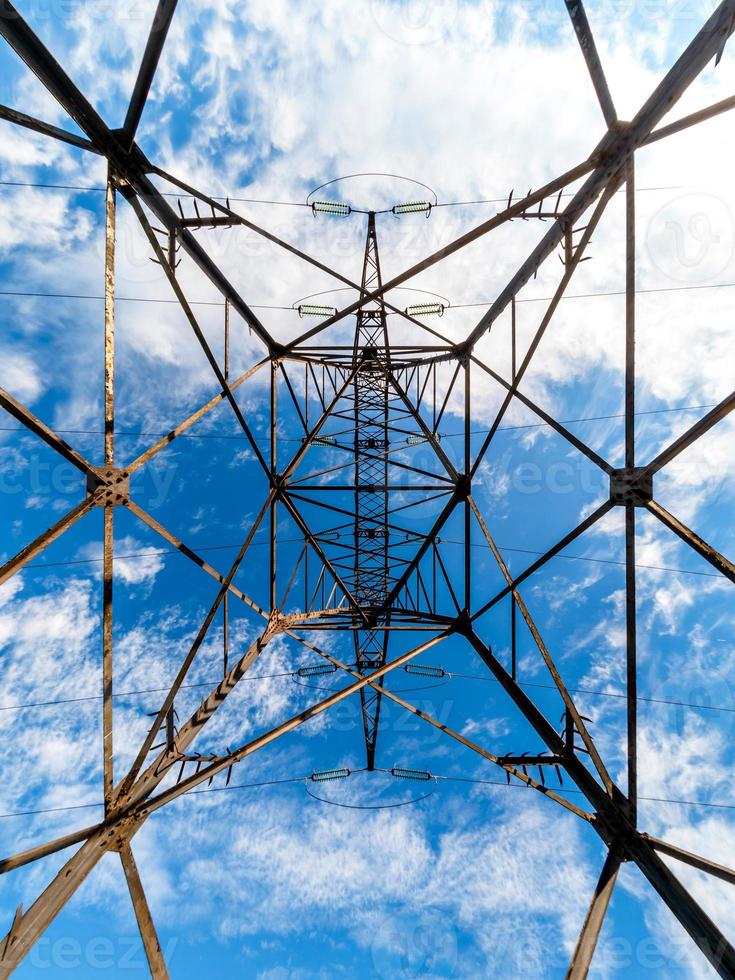 Power transmission mast. Wide angle view. Geometry and symmetry. photo