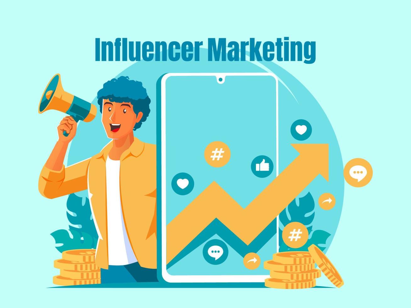 Influencer marketing concept with man holding megaphone vector