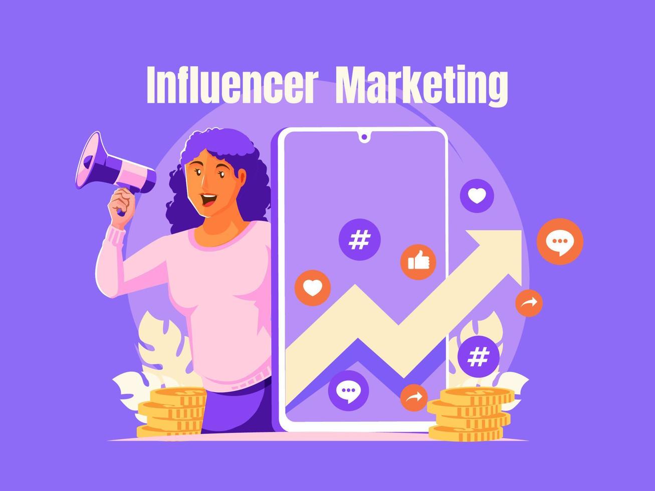 concepto de marketing de influencers con mujer sosteniendo megáfono vector