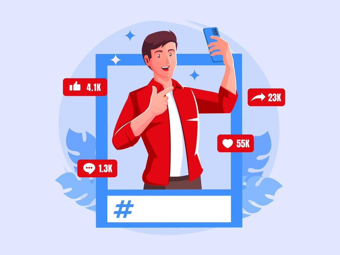 hombre publicando foto selfie en redes sociales vector