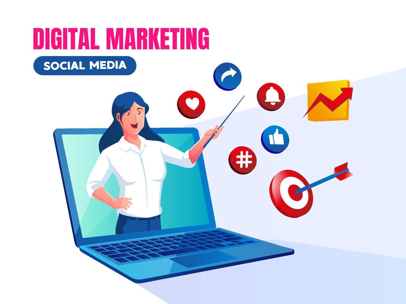 Digital Marketing Social Media with a woman and a laptop symbol vector