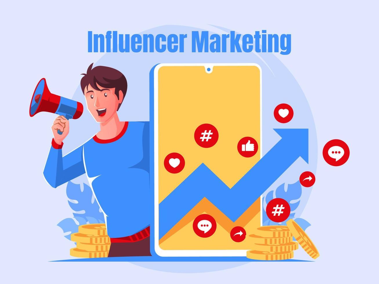 concepto de marketing de influencers con un hombre que sostiene un megáfono vector