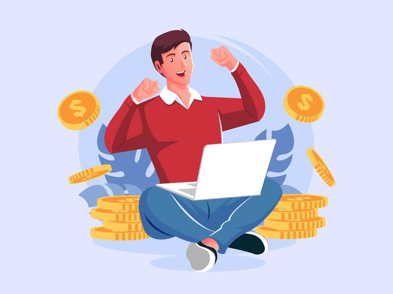 freelance workers sitting relaxed working with laptop and making a lot of money vector