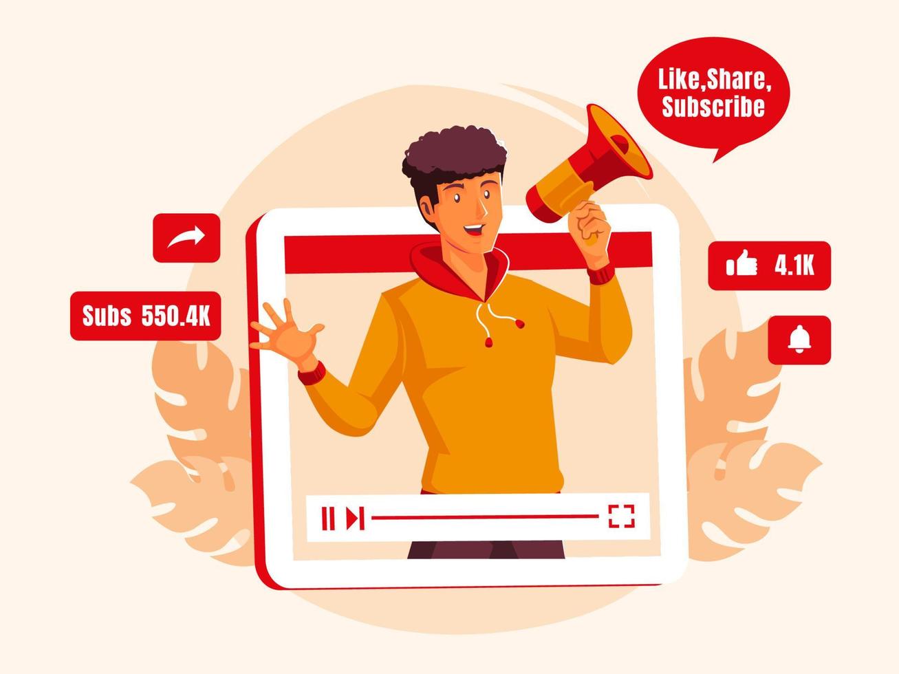 Video live streaming and invites viewers to like subscribe and share vector