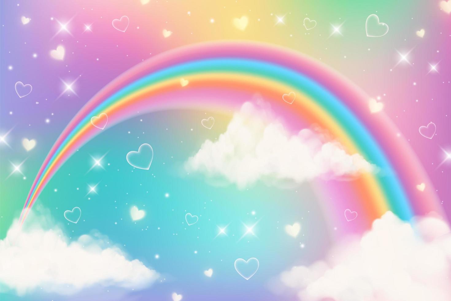 Fondo de unicornio arco iris de fantasía holográfica con nubes. cielo de color pastel. paisaje mágico, patrón abstracto fabuloso. lindo fondo de pantalla de dulces. vector. vector