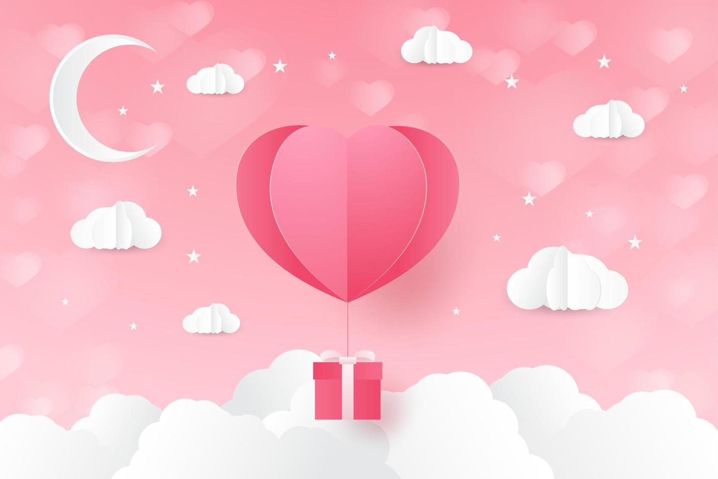 a heart shape. paper art style. valentine day. Origami made hot air balloon vector