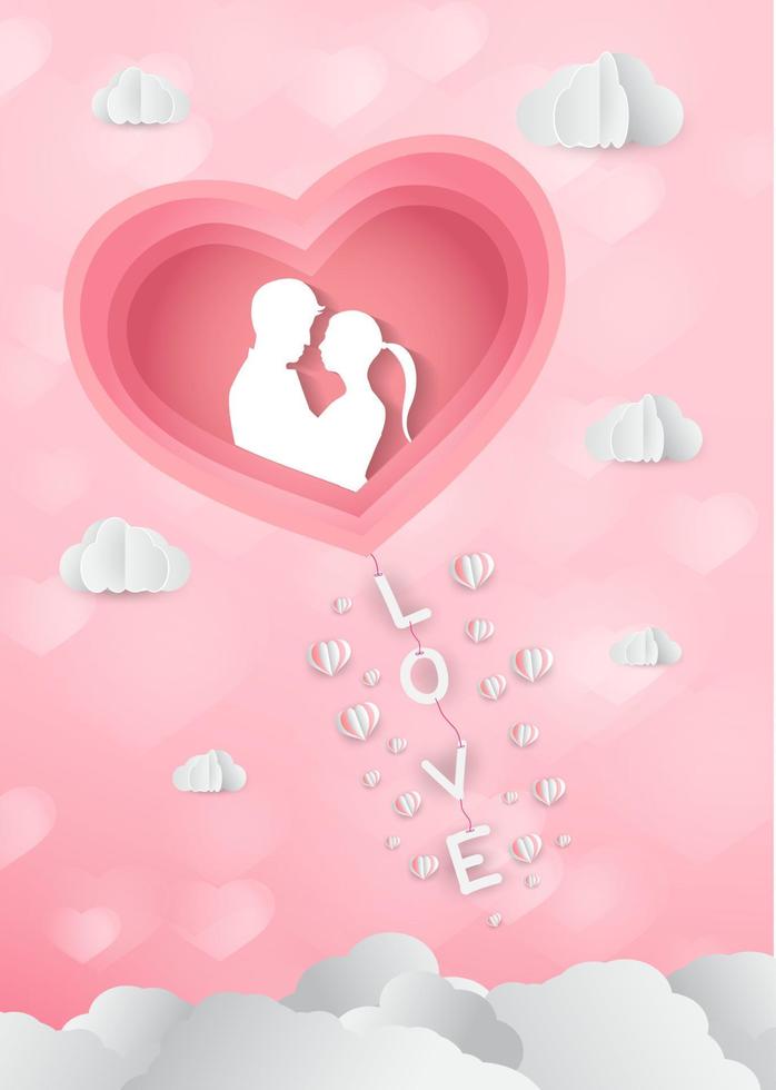 a heart shape. paper art style. valentine day. Origami made hot air balloon vector
