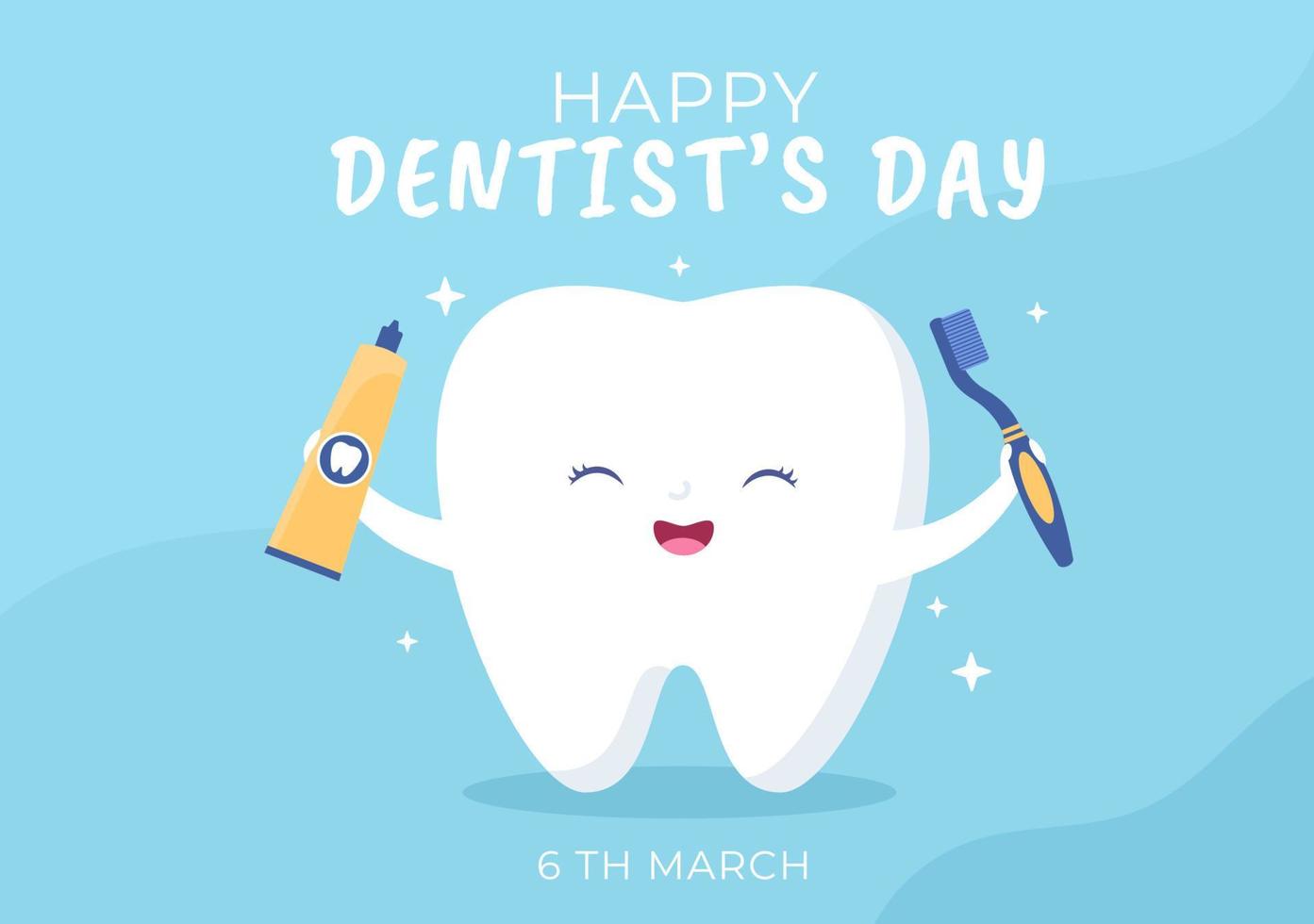 día mundial del dentista con dientes y cepillos de dientes para prevenir las caries y la atención médica en una ilustración de fondo de caricatura plana adecuada para afiches o pancartas vector