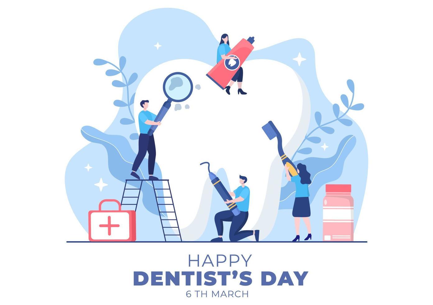 día mundial del dentista con dientes y odontología para prevenir las caries y la atención médica en una ilustración de fondo de caricatura plana adecuada para afiches o pancartas vector