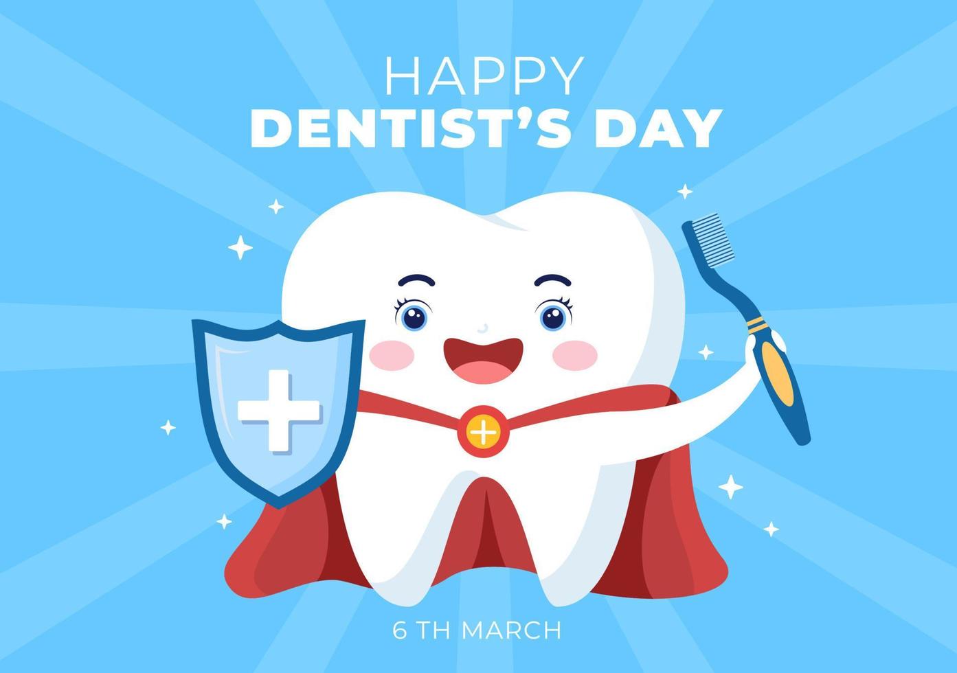 día mundial del dentista con dientes y cepillos de dientes para prevenir las caries y la atención médica en una ilustración de fondo de caricatura plana adecuada para afiches o pancartas vector